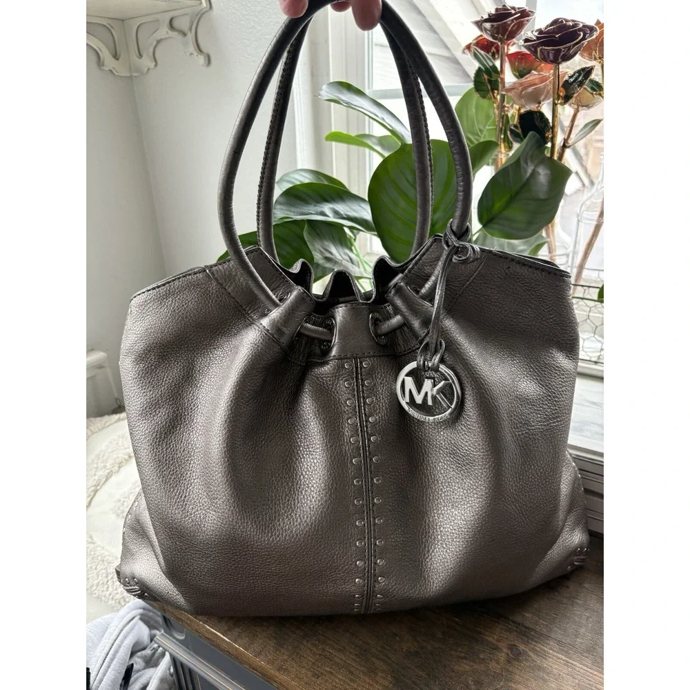 Michael Kors Metallic Pewter Pebbled Leather Studded Double Handle Tote Handbag